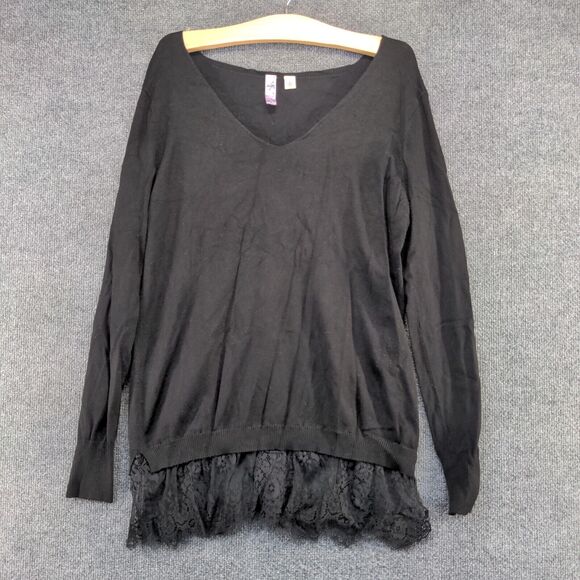 Alya Women's Tunic Sweater Black Large Long Sleeve Lace Hem Rayon V-Neck - Picture 2 of 12